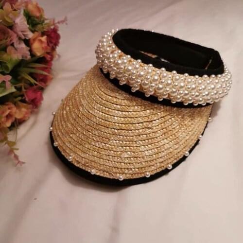 2021 Vogue Elegant Handmade Wheat Straw And Pearl Empty Straw Sun Hats For Female Summer Sunshade Korean Seaside Beach Visor