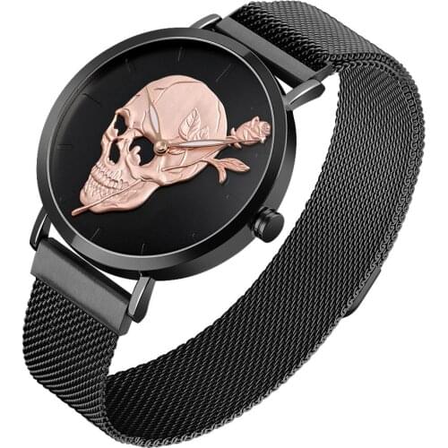 SKMEI Mens Quartz Watch Skull Men Steel Mesh Belt Skeleton Watches Male Clock Waterproof Wristwatch Luminous Relogio Masculino