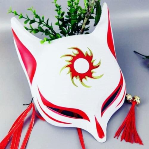 Japanese Fox Animal Mask Halloween Cosplay Costume Kabuki Half Face Cat Mask With Tassels & Small Bell Masquerade Party Prop