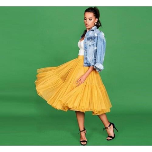 Casual Yellow Midi Tulle Skirts Women 2020 Summer Fashion Knee Length Soft Tulle Skirt Elastic Custom Made Tutu Maxi Skirt