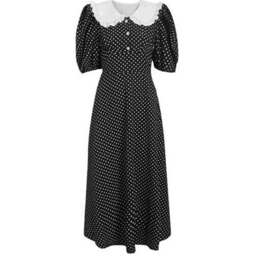 Summer French style Elegant Peter pan Collar Polka Dot Dress women Puff Sleeve High Waist chiffon Dress