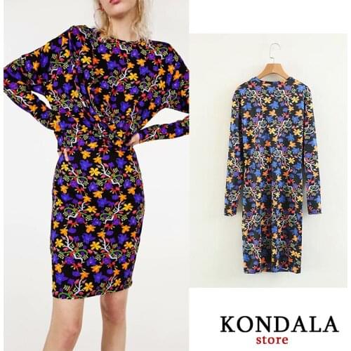 KONDALA Za 2020 Women Dress Vintage Floarl Print Fashion Long Sleeve Dresses O-Neck Sheath Elegant Mini Dress Female Vestidos