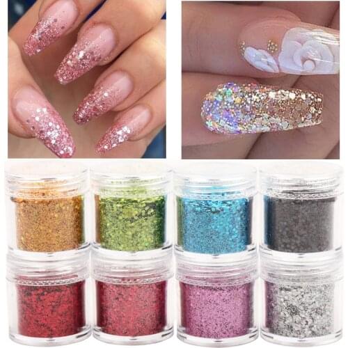1 Box Holographic Nail Art Glitter 3D Mix Glitter Silver Gold Nail Glitter Powder Sequins Flakes Powder Nail Art Decoration