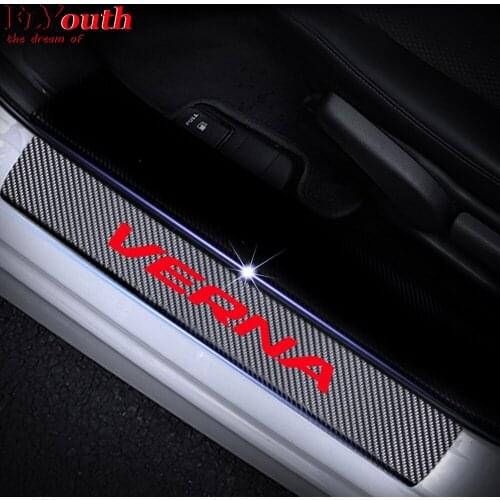 Car Door Sill Welcome Pedal Stickers For Hyundai VERNA Door Threshold Plate Door Sills Scuff Plate Carbin Fiber Stickers 4Pcs