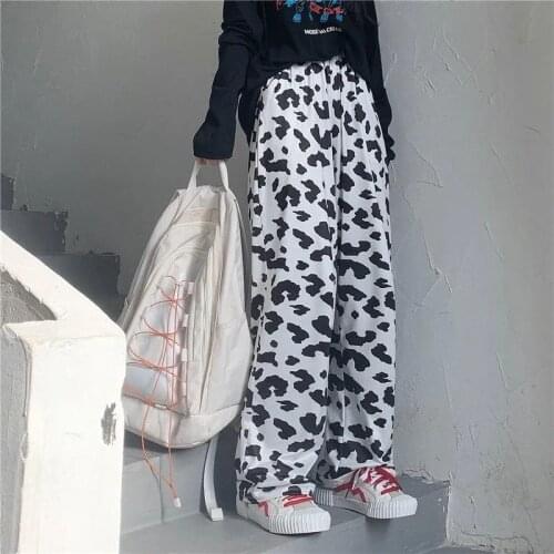 Pants Women Wide-leg Harajuku Cow-print Trousers Fashion Ladies Long All-match Preppy Soft High Waist Streetwear Pant Casual New