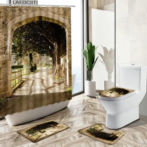 Rural Green Plants Flower Scenery Shower Curtain Arched Garden Greek Street View Bathroom Decor Carpet Toilet Cover Foot Mat Set