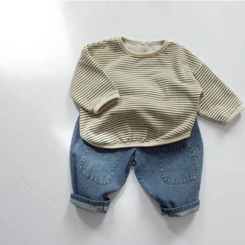 Children loose striped top childrens T-shirt versatile basic bottom shirt boys girl long sleeve clothes P5068