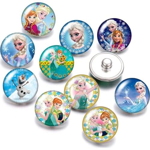 Disney Winter Princess Elsa Anna 10pcs Round photo glass cabochon 18mm snap buttons for 18mm snap bracelets jewelry wholesale