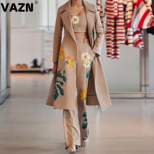VAZN 2020 Hot High-end Office Elegant Embroidery Full Sleeve X-Long Cloth Top Long pants 1 Piece Strapless Women 3 Piece Set