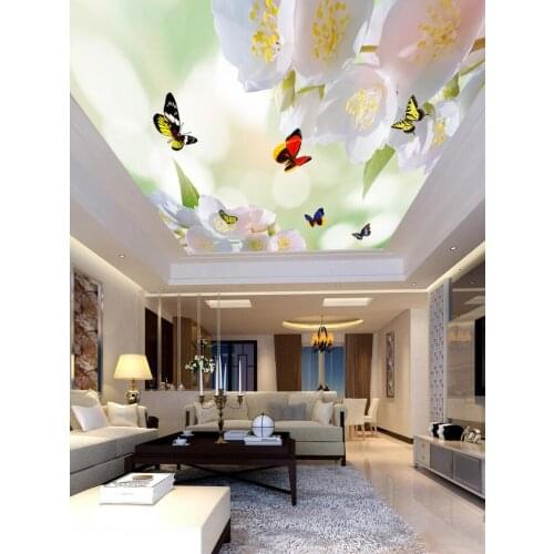 Fantasy beautiful flowers butterfly blue sky white clouds ceiling mural Ceiling Wall Painting Living Room Bedroom Wallpaper