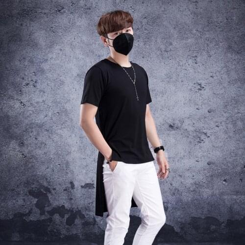 Summer fashion mens mid long short sleeve T-shirt with short front and long back half sleeve T-shirt