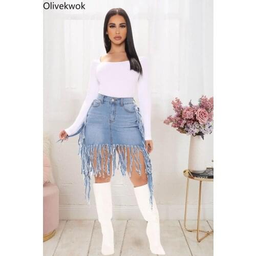 Olivekwok 2021 Summer Woman Fashion Sexy Tassel Solid Casual Jeans Skirt