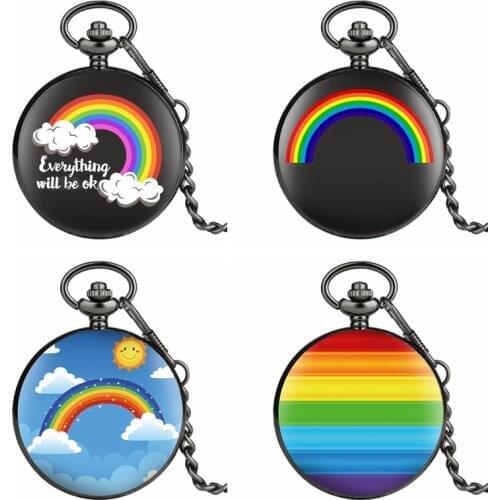 Blue Sky and White Clouds Prints Fashion Colorful Rainbow Striped Quartz Pocket Watch Chain Jewelry Unique Good Mood Gifts Clock