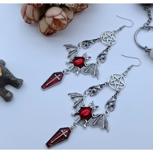 New Punk Style Jewelry Alloy Accessories Gothic Bat Red Drop Oil Five-pointed Star Cross Coffin Hook Pendant Earrings Jewelry