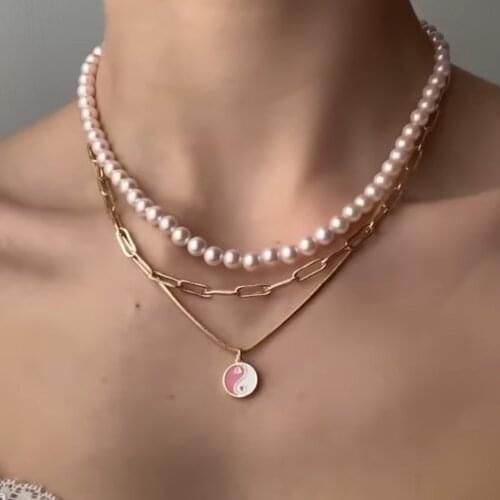 JUST FEEL New Geometric Cute Round Yin Yang Pendant Necklace for Women Fashion Elegant Multi-layer Pearl Choker Necklace Jewelry