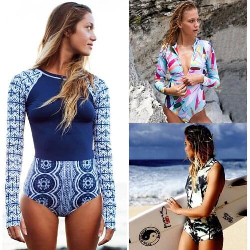 2021 Print Floral One Piece Swimsuit Long Sleeve Swimwear Women Bathing Suit Retro Zipper Swimsuit One Piece Surfing Swim Wear