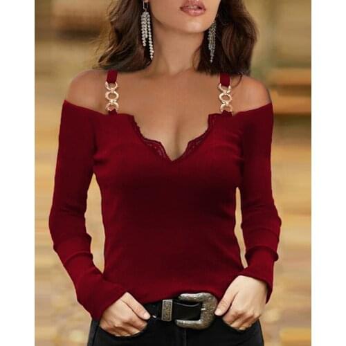 2021 Spring Autumn Womens Chain Strap Top New Femme Strapless V-Neck Long Sleeve Elegant Blouse Ladies Clothing