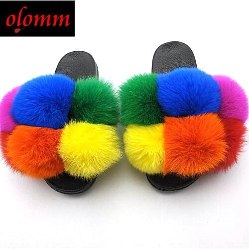 Fling Fur Slippers For Women Fluffy Real Fox Fur Slides Furry Raccoon Fur Sandals Ladies Cute Fur Ball Flip Flops Rainbow Shoe