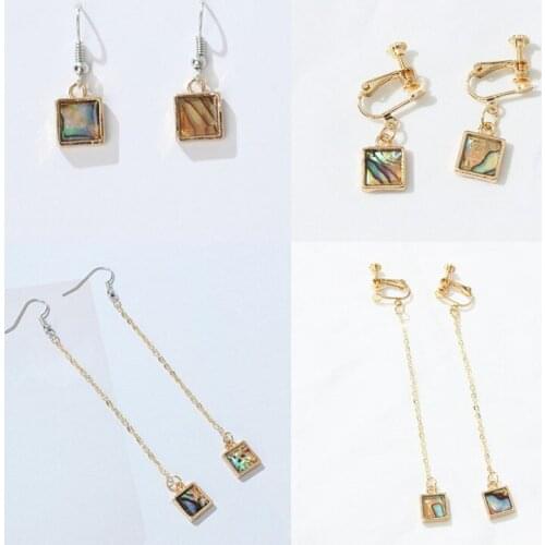 Retro Bohemian Tassel Long Earrings For Women Ear Clip Green Texture Geometric Square Earrings Fashion Jewelry Gift Wholesale