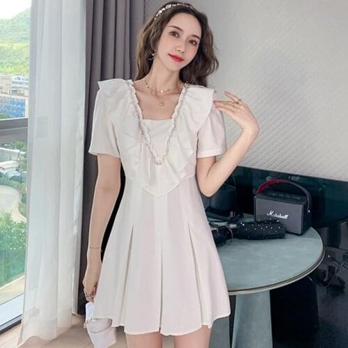 Fashion Vintage Short Sleeve V-Neck Mini Party Dress Ladies Elegant Casual Sexy Folds Pearl Ruffle Patchwork Beach Short Dress