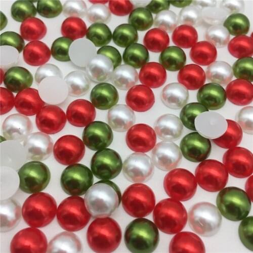200pcs 12mm Christmas Mixed Red White Green Half Round Pearls Flatbacks Embellishments DIY Phone Decorations Crafts Cardmaking