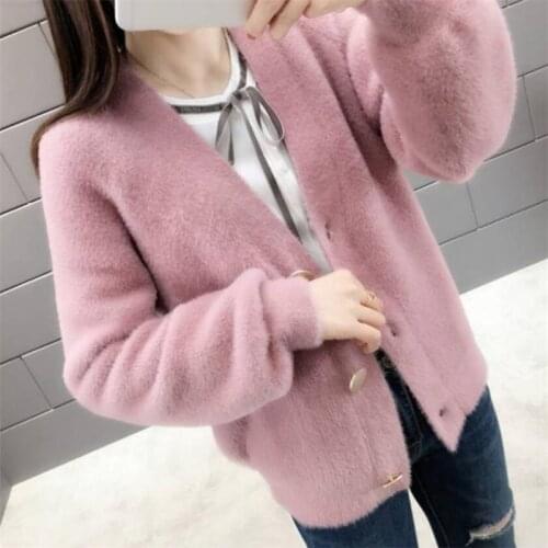 2020 women mink cashmere sweater female solid v neck cardigans full sleeve with button lantern sleeve