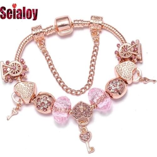 Seialoy Fashion Key Heart Lock Charm Bracelets For Women Rose Gold Crystal Ferris Wheel Beads Bracelets & Bangles Girls Jewelry