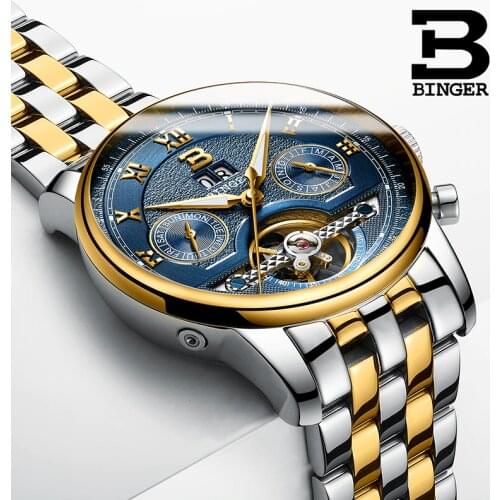 Tourbillon Men Top Luxury Brand Watch Automatic Mechanical Watch Stainless Steel Waterproof BINGER Switzerland relogio masculino
