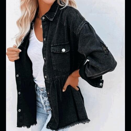 Denim Jacket Female Long Sleeve Black Slim Denim Coat