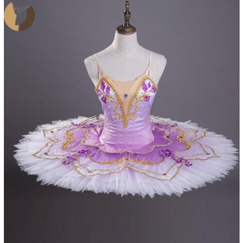 FLTOTURE Girls Professional Ballet Tutu Dreeses 10 Layers Fading Color Pancake Skirt Lilac Fairy Second Variation Costumes Tutus