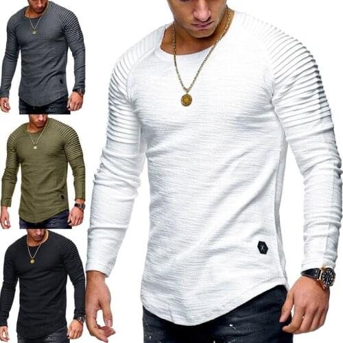 Long Sleeve T-Shirt Men Spring Casual Tops Pullovers Fashion Slim Basic Tops Hot 2021 Solid Color Sleeve Pleated Patch Detail