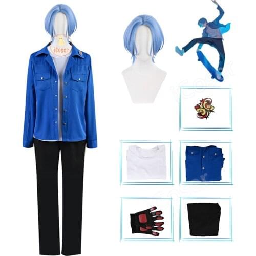 Anime SK8 the Infinity Langa Hasegawa Cosplay Costume Street Wear Tee Blue Jacket Pants Gloves Hasegawa Ranga Blue Short Wig