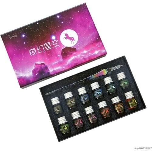 Glass Dipped Pen Ink Set Crystal Glass Pen with 12 Bottles Color Inks Calligraphy Pen Gift for Drawing Signatures Decor Dropship
