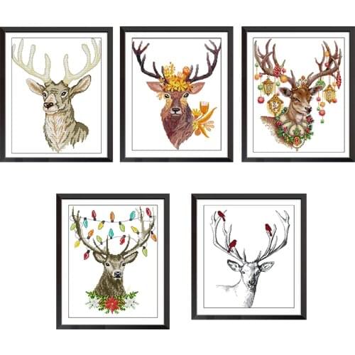 Christmas Elk Series Cross Stitch Kit Deer Head Pattern 14ct 11ct Printing Embroidery Set DIY Manual Creative Home Decoration