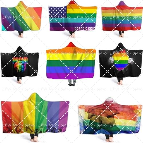 Rainbow Colored Fist Love is Love LGBT Hooded Blanket Outdoor Wearable Sweatshirt Hoodie Blankets Plush Sofa Bathrobe Gift Teens