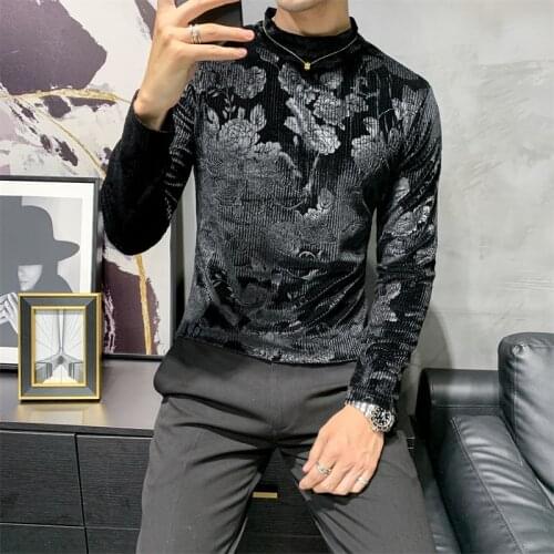 Autumn New Gold Velvet T-shirt Men Fashion 2020 Long Sleeve Mens Casual T Shirts All Match Slim Fit Men Pullovers Turtleneck 3XL