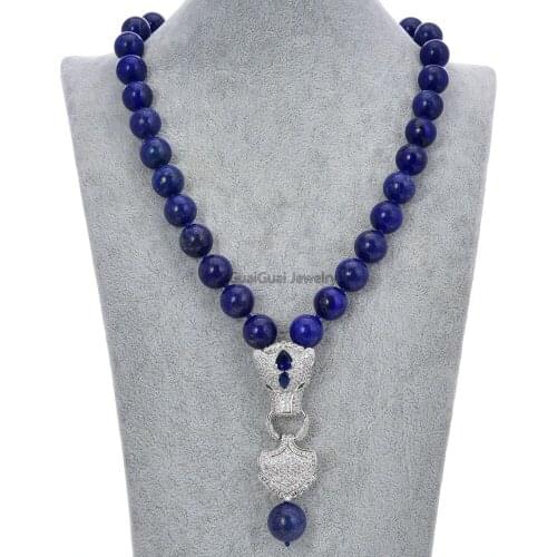 19" Natural 14MM Blue Lapis Lazuli Necklace CZ Pave Pendant