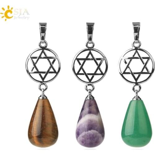 CSJA Water Drop Pendant for Necklace Clear Star Of David Crystal Natural Stone Fluorite Tiger Eye Quartz Aventurine Jewelry G745