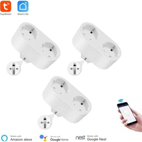 Wholesale Alexa Compatible WiFi Plug EU Standard 2 Outlets Remote Control Smart Life APP Voice Control Timer Power Monitoring