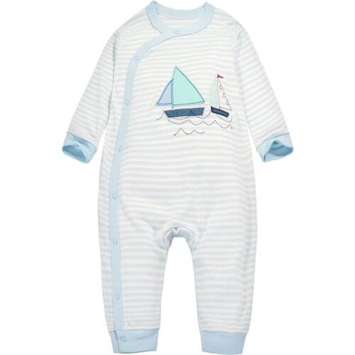 Y358 new autumn boys and girls baby Siamese Romper newborn Romper cotton climbing clothes blue stripe sailboat pattern