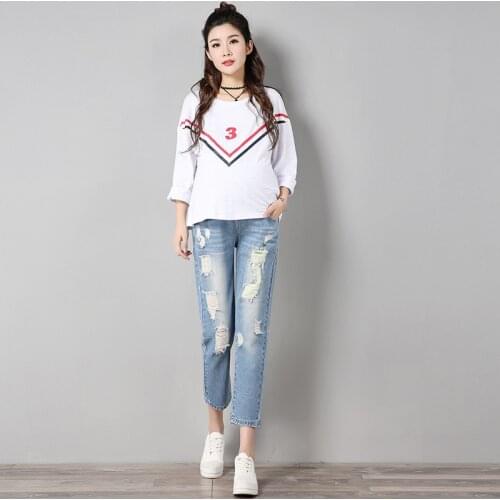 Japanese Korea Summer Hole Style Maternity Pants For Pregnant Women Pregnancy Denim Jeans Trousers Belly Capris Legging Clothing