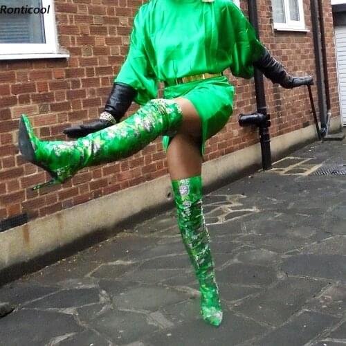 Ronticool New Women Winter Thigh Boots Printed Floral Thin High Heels Pointed Toe Gorgeous Green Yellow Shoes Women Us Size 5-15