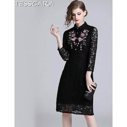 TESSCARA Women Elegant Embroidery Lace Dress Shirt Festa Female Vintage Floral Designer Party Vestidos Office Retro Robe Femme