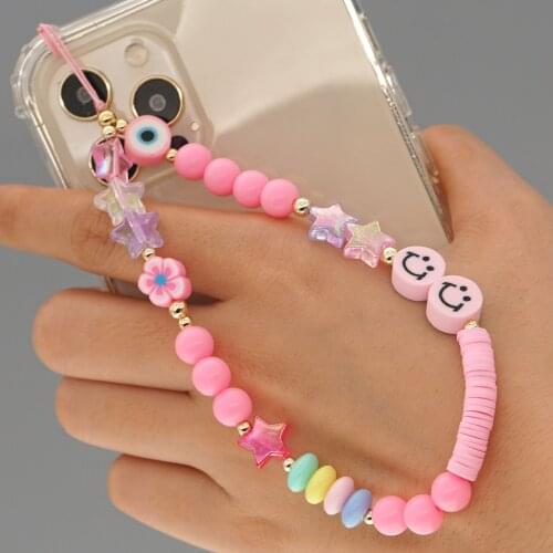 2021 Trend Cute Smiley Mobile Phone Chain For Women Pink Soft Pottery Beaded Phone Case Hanging Cord Girl Anti-lost Lanyard Gift