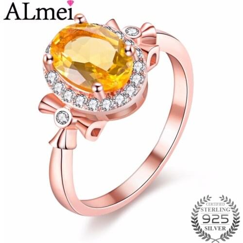Almei 1.5ct Oval Natural Citrine Birthstone Solitaire Rings Genuine 925 Sterling Silver New Fine Jewelry with Box 40% FJ108