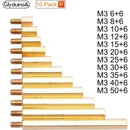 Glyduino M3 Male 6mm x M3 Female 6-50 mm Brass Standoff Spacer Copper Hexagonal Stud Spacer Hollow Pillars m3*(6-50)+6mm