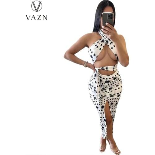 VAZN 2021 Hot Popular Dot Beach Chiffon Sexy Young Sweet Halter Off Shoulder Group Midi Skirts Skinny Women 2 Piece Set