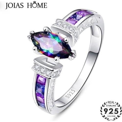 JoiasHome Genuine Rainbow Fire Mystic Oval Topaz Rings with 10*5mm gemstones Solid 925 Sterling Silver Ring Vintage Jewelry