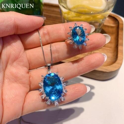 2021 Trend 925 Sterling Silver Aquamarine Gemstone Pendant Necklace Rings for Women Vintage Party Fine Jewelry Accessories Gift
