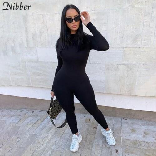 Nibber female simple bodycon solid color long-sleeve overalls for women leisure streetwear pure jumpsuit workout jogging romper